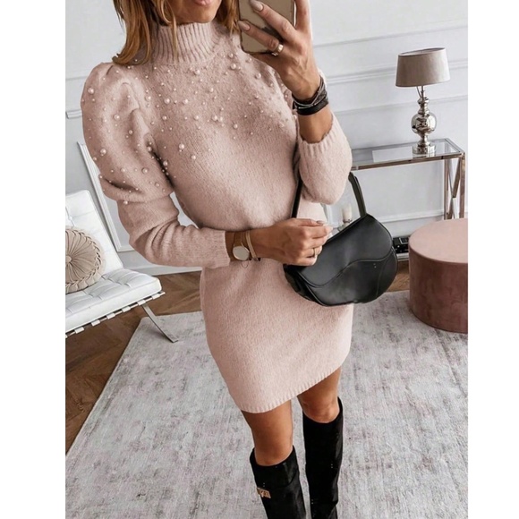 Baby Pink Sweater Short Mini Dress Faux Pearl Embellished Long Sleeve - Picture 1 of 8